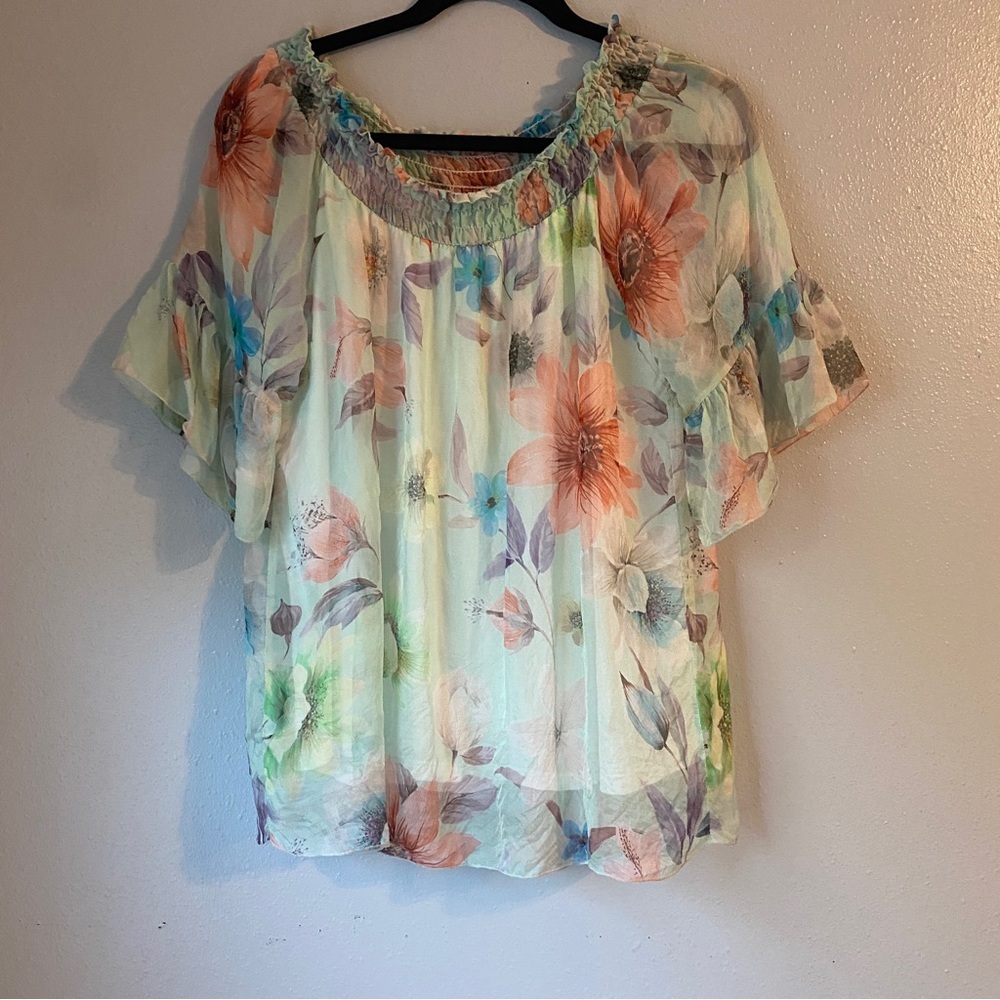 Angela Moda Floral Silk Blouse Size M
